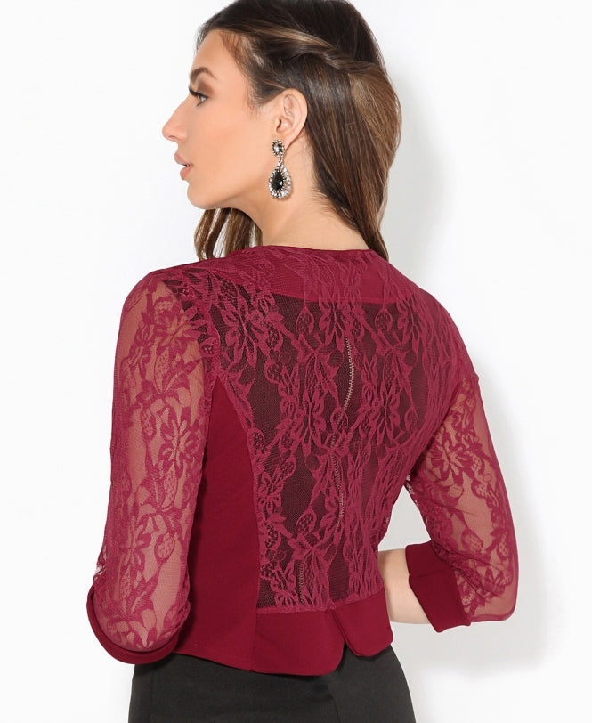 3/4 Sleeve Lace Back Shrug Wine