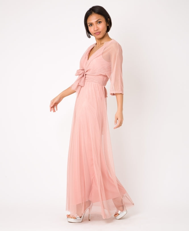 V-Neck Occasion Mesh Maxi Dress Dusty Pink