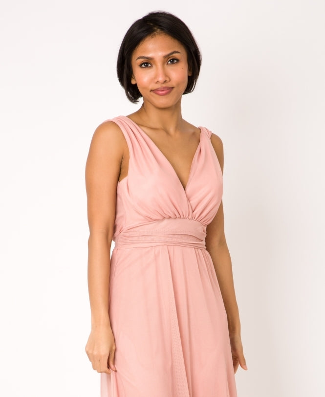V-Neck Occasion Mesh Maxi Dress Dusty Pink