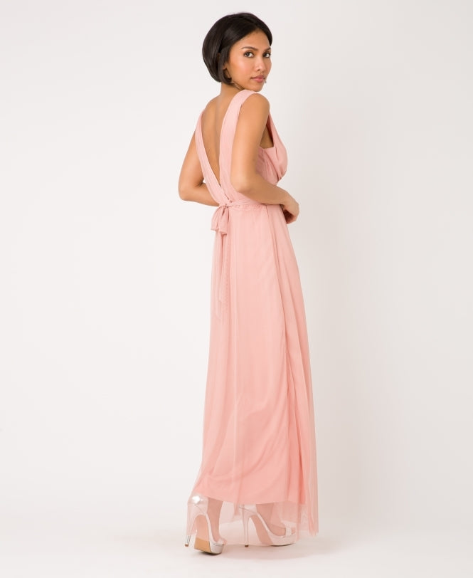V-Neck Occasion Mesh Maxi Dress Dusty Pink