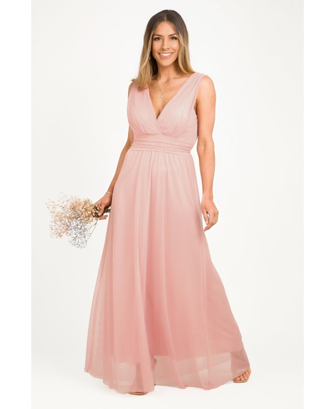 V-Neck Occasion Mesh Maxi Dress Dusty Pink