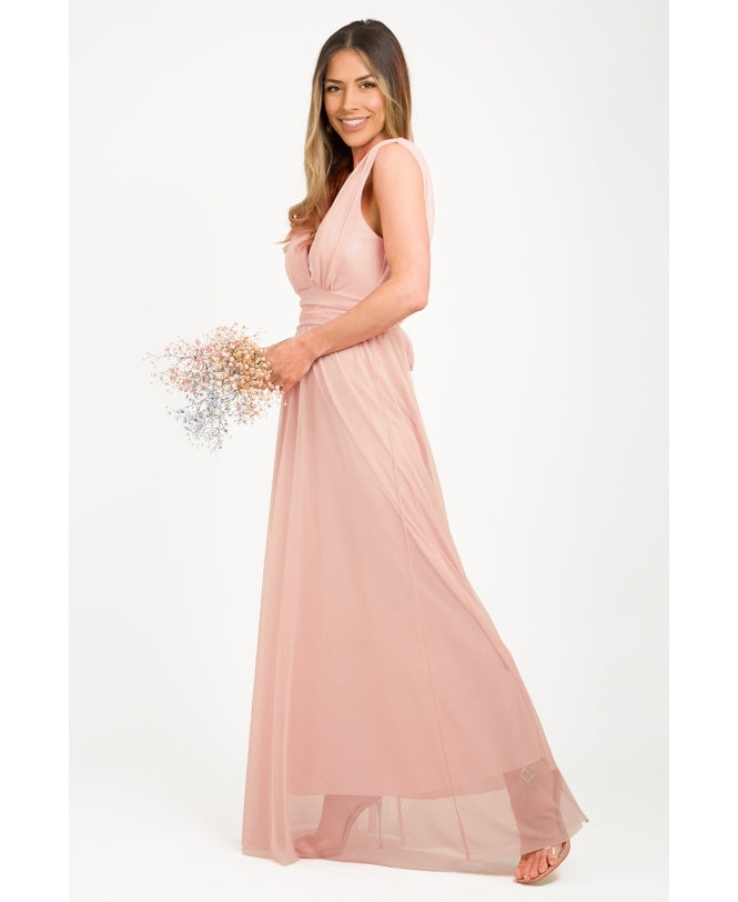 V-Neck Occasion Mesh Maxi Dress Dusty Pink