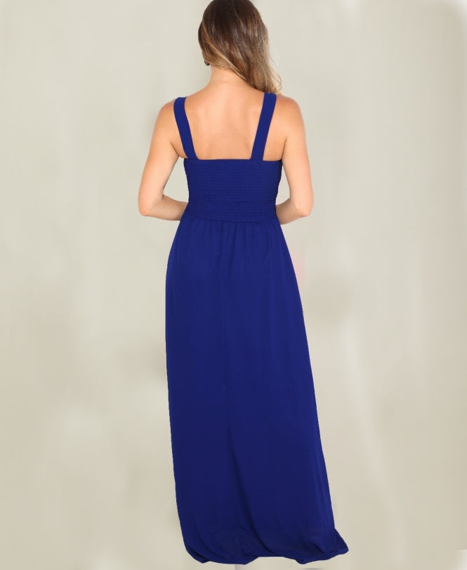 Gem & Mesh Front Chiffon Maxi Dress Royal Blue