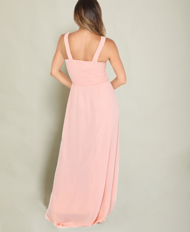 Gem & Mesh Front Chiffon Maxi Dress Pink