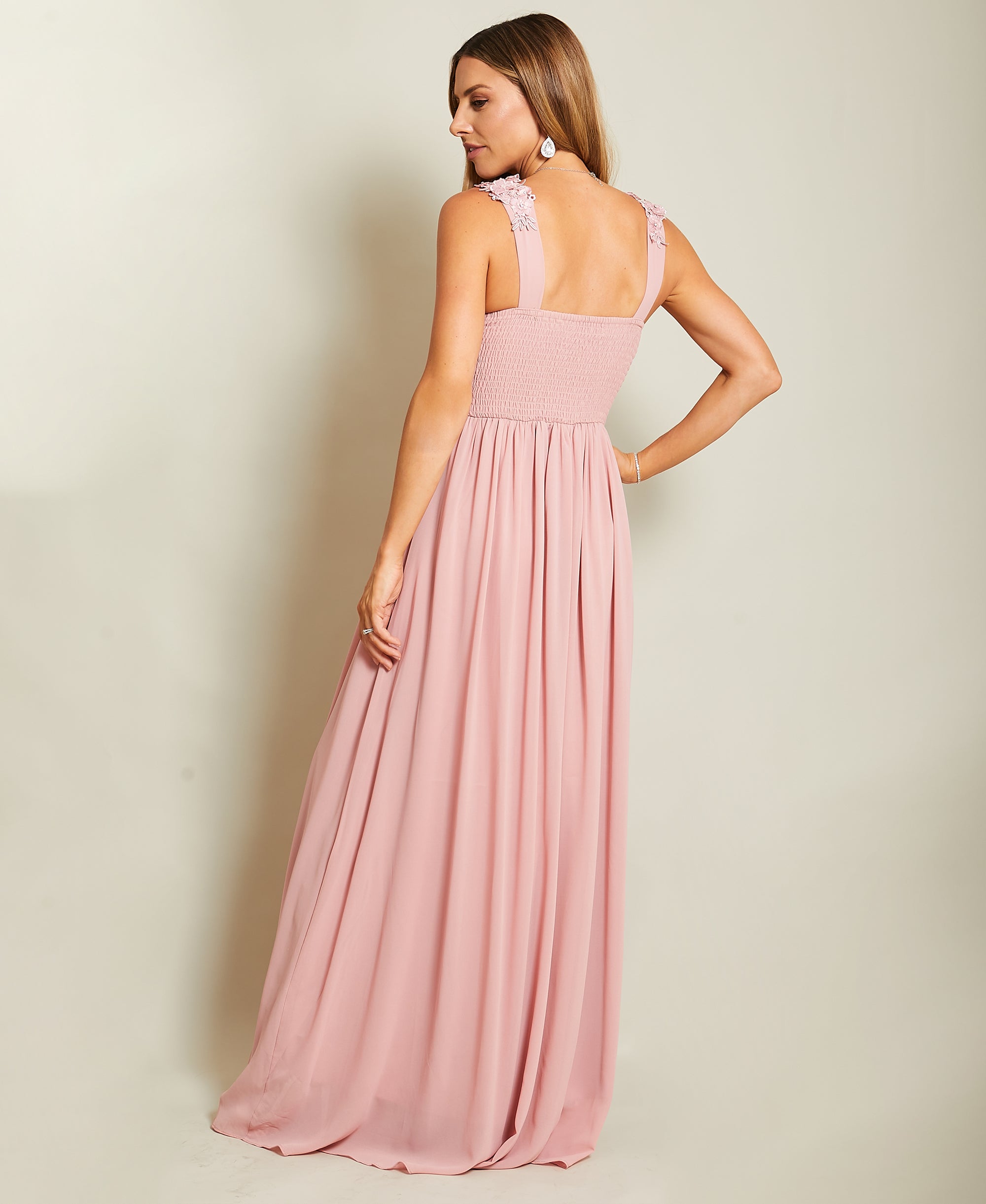 Flower Shoulder Chiffon Maxi Dress Dark Pink