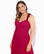 Flower Shoulder Chiffon Maxi Dress Dark Red