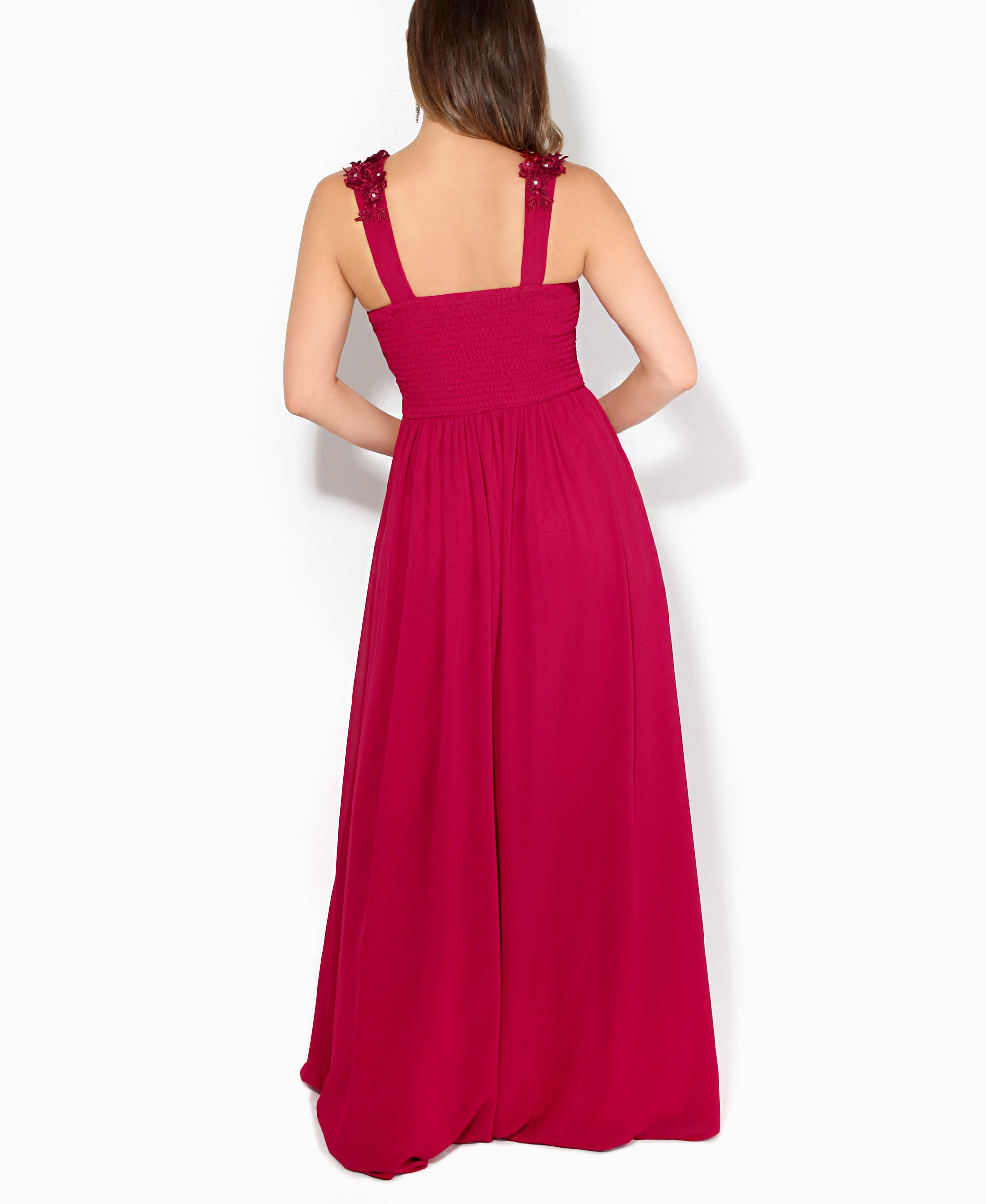 Flower Shoulder Chiffon Maxi Dress Dark Red