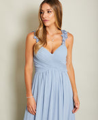 Flower Shoulder Chiffon Maxi Dress Dusty Blue