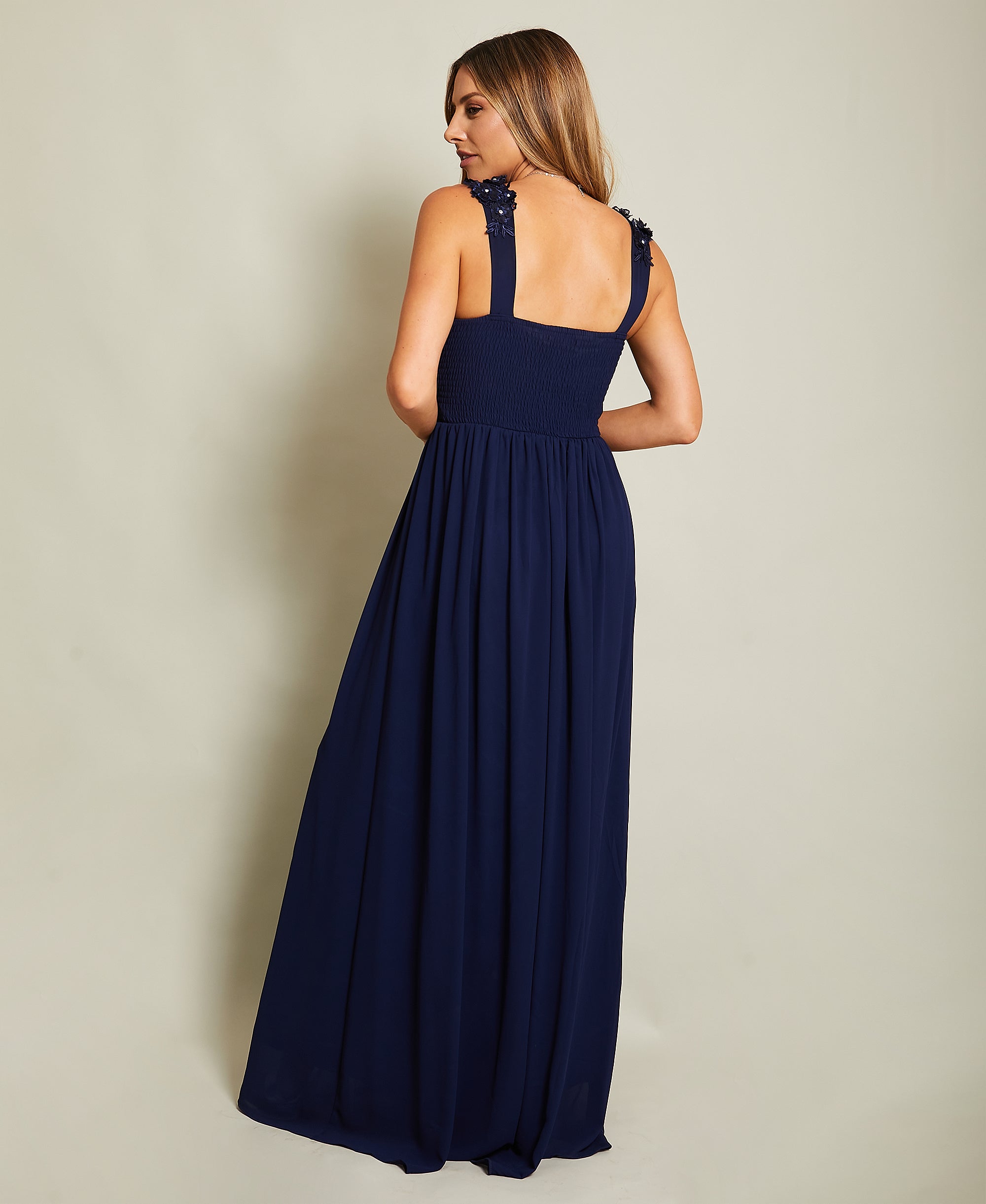 Flower Shoulder Chiffon Maxi Dress Navy