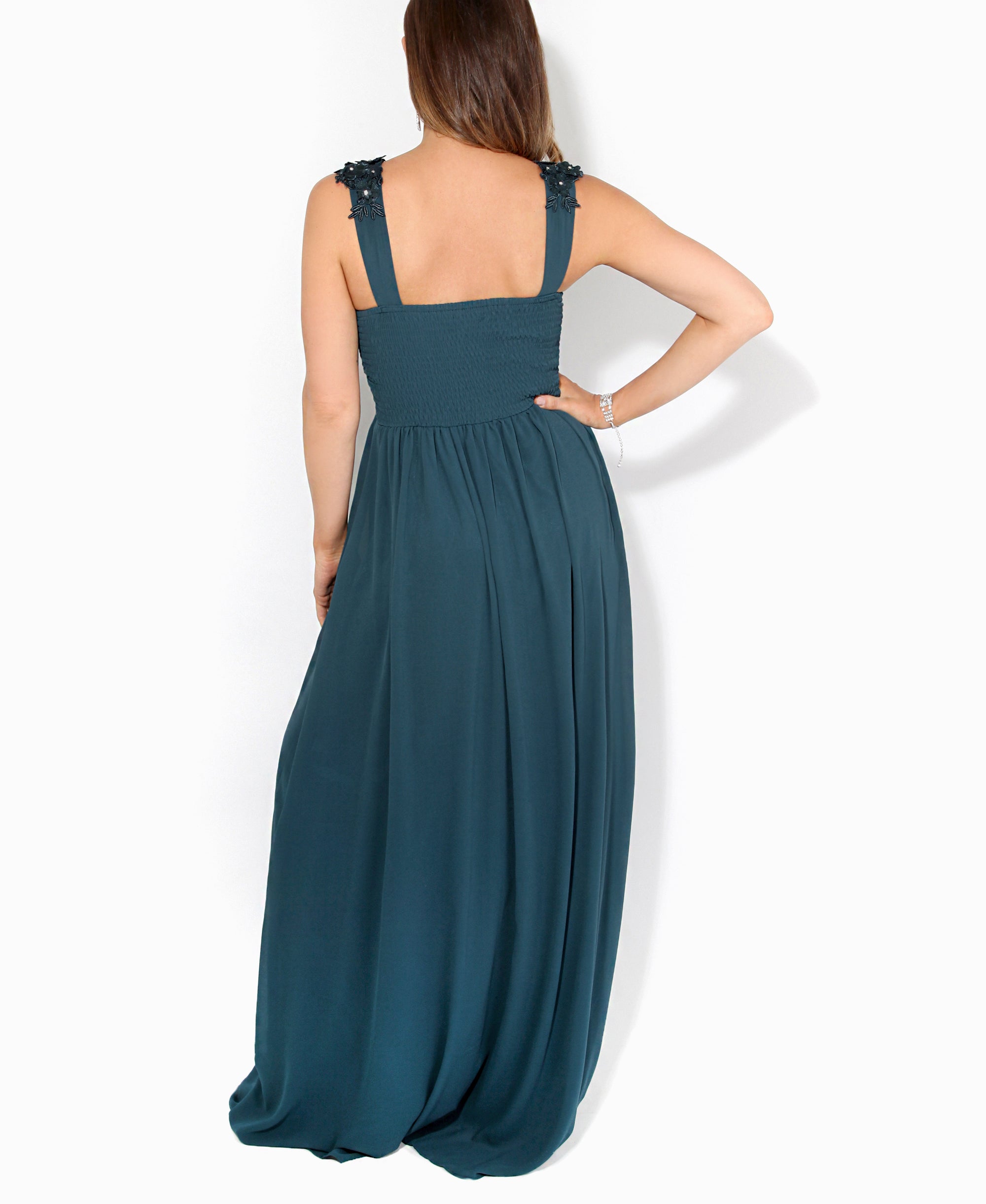 Flower Shoulder Chiffon Maxi Dress Petrol