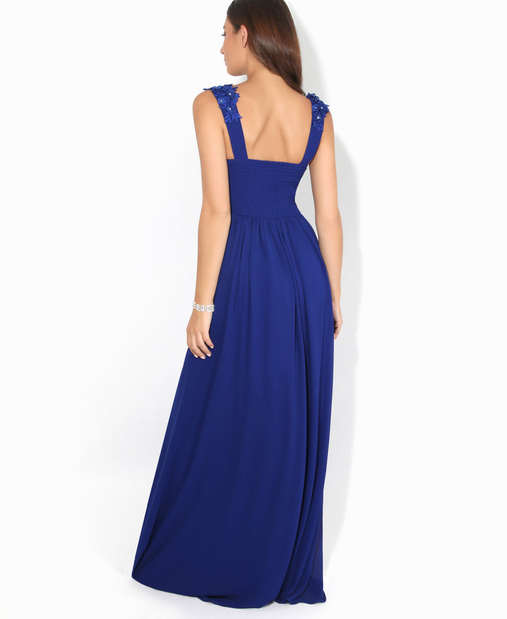 Flower Shoulder Chiffon Maxi Dress Royal Blue