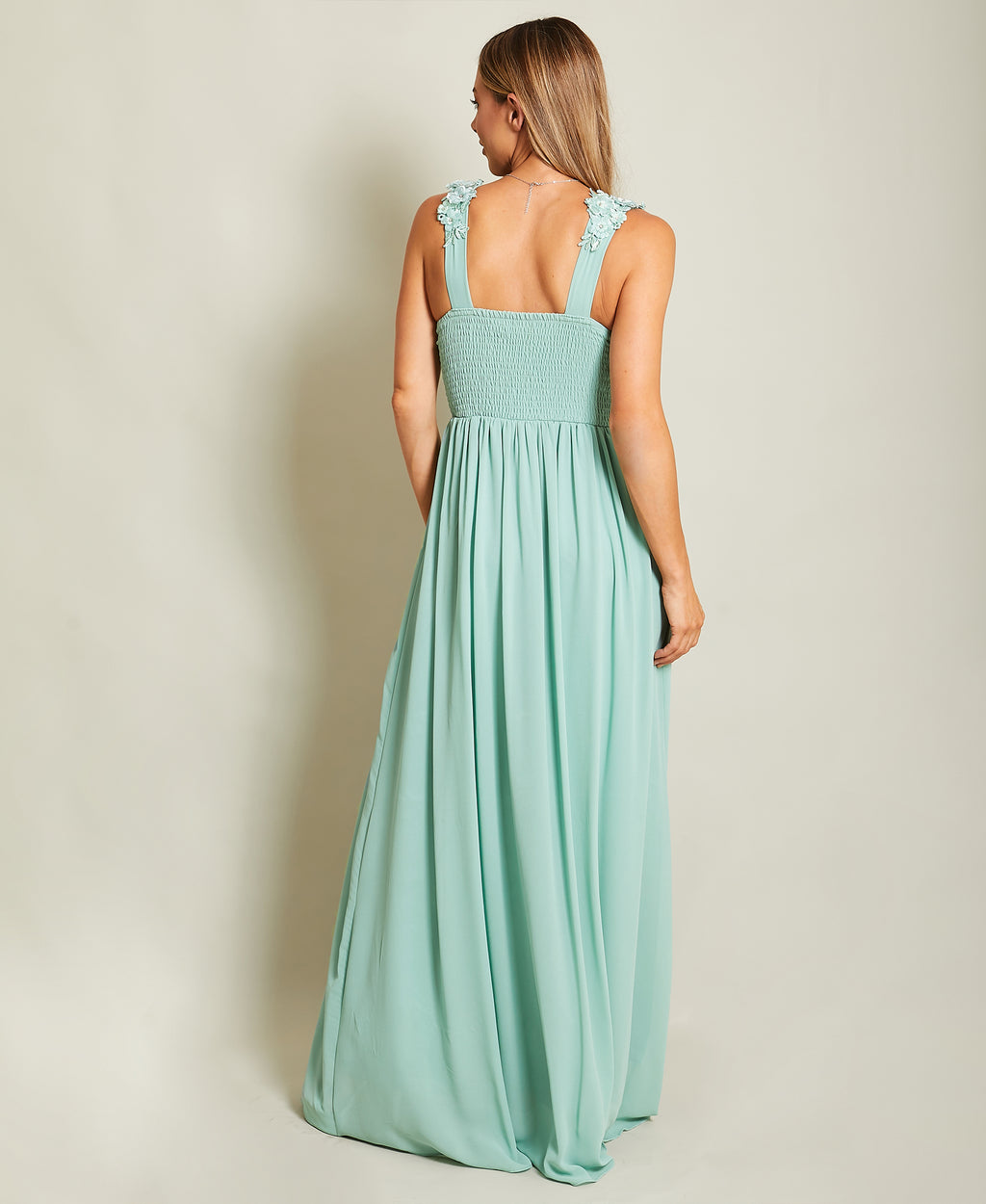 Flower Shoulder Chiffon Maxi Dress Sage Green