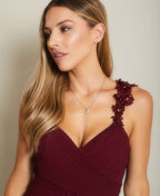 Flower Shoulder Chiffon Maxi Dress Wine