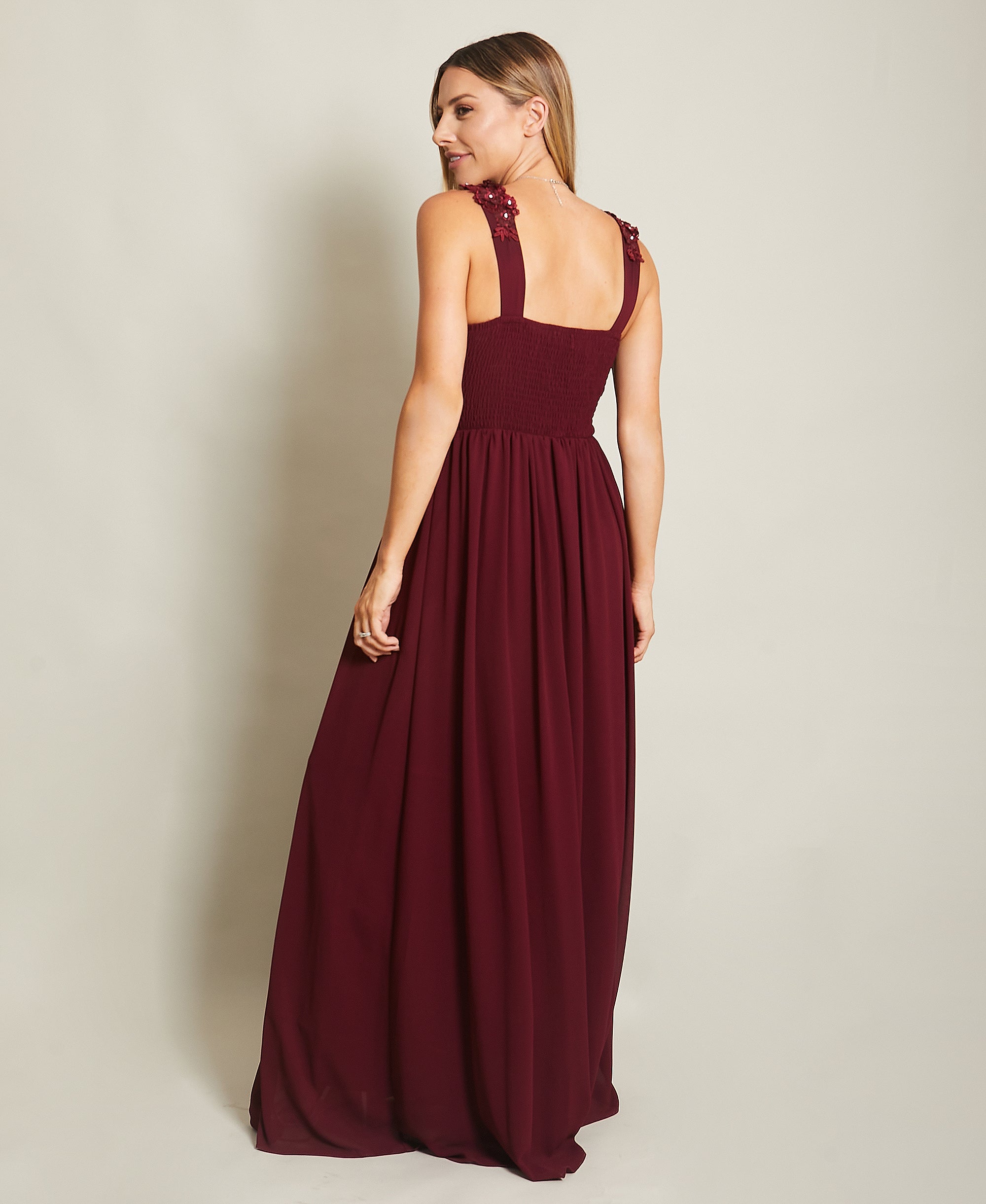 Flower Shoulder Chiffon Maxi Dress Wine