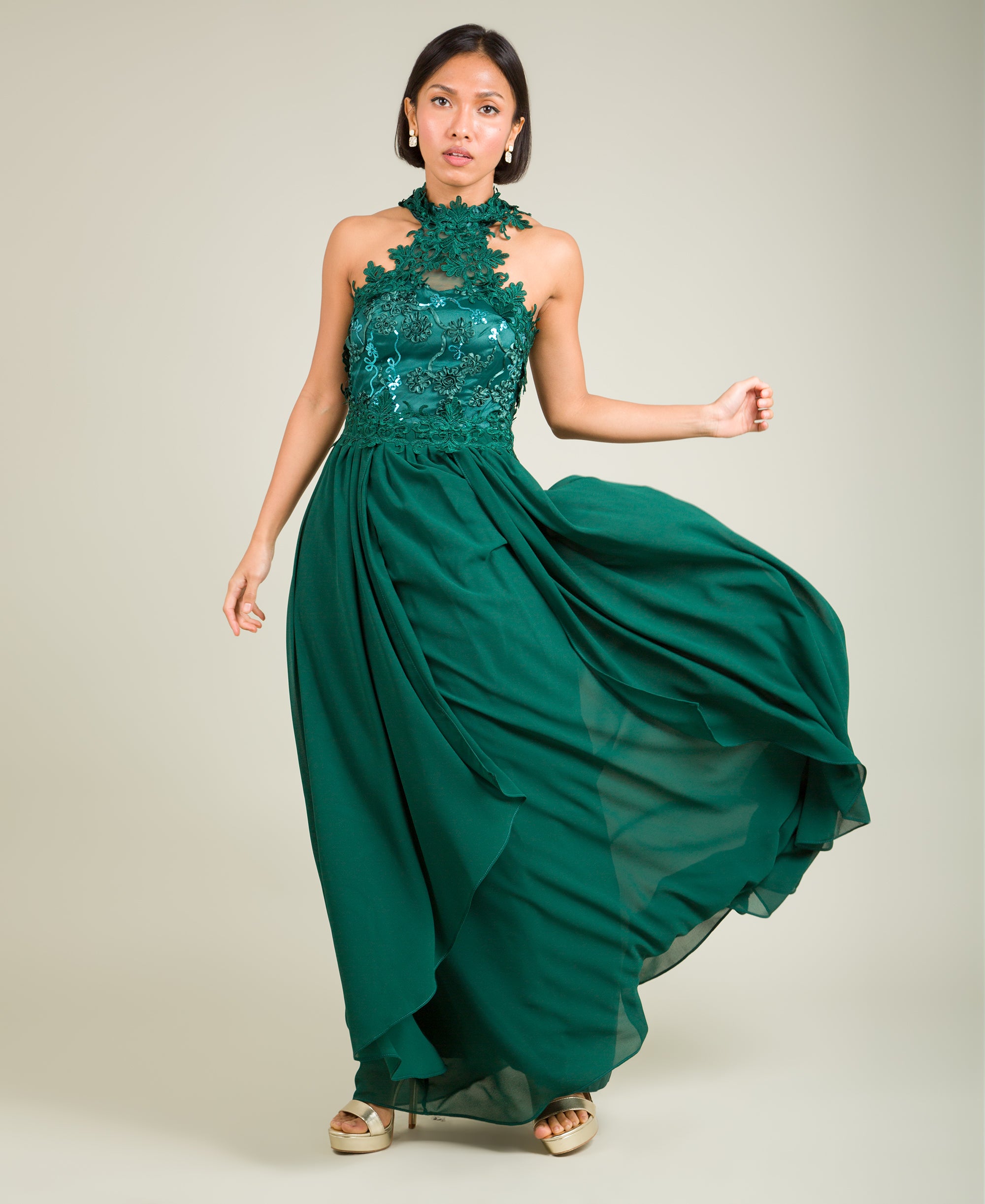 Lace Halterneck Maxi Dress Dark Green