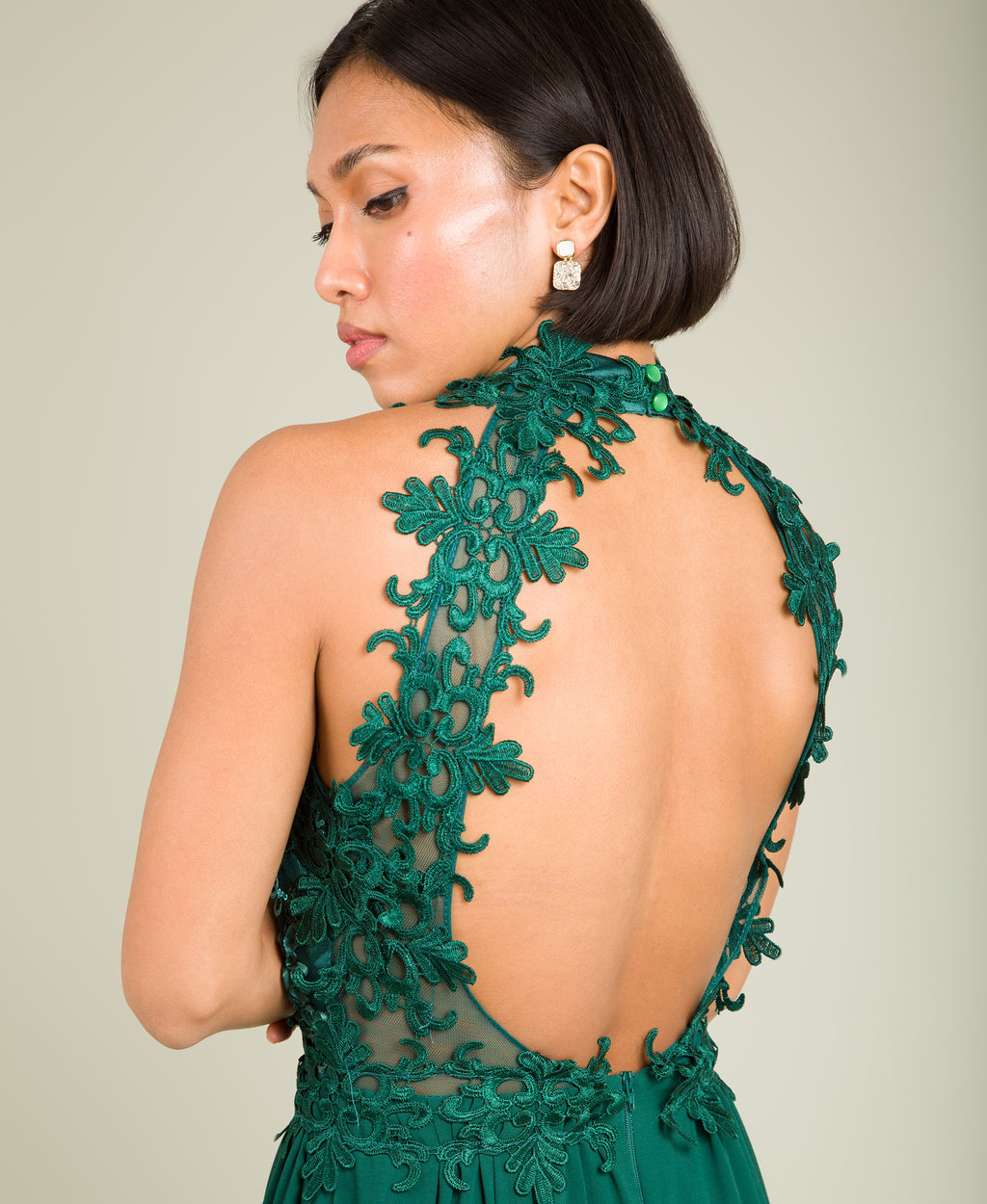 Lace Halterneck Maxi Dress Dark Green
