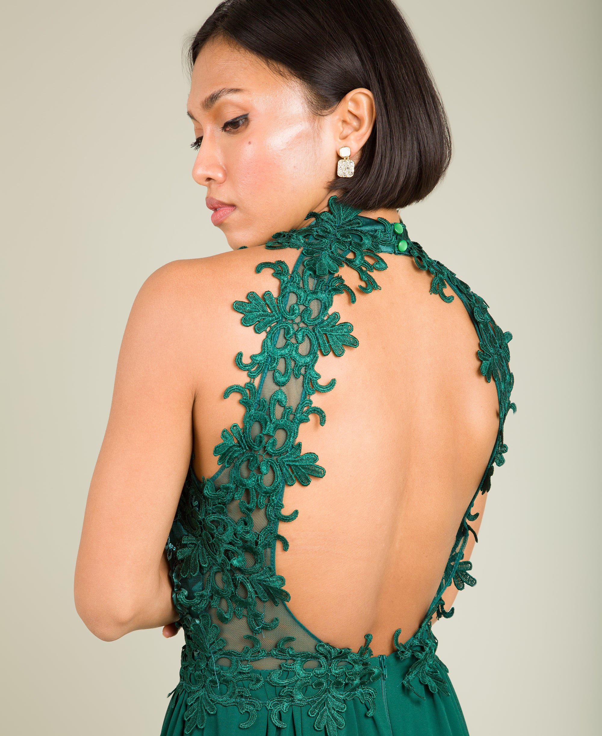 Lace Halterneck Maxi Dress Dark Green