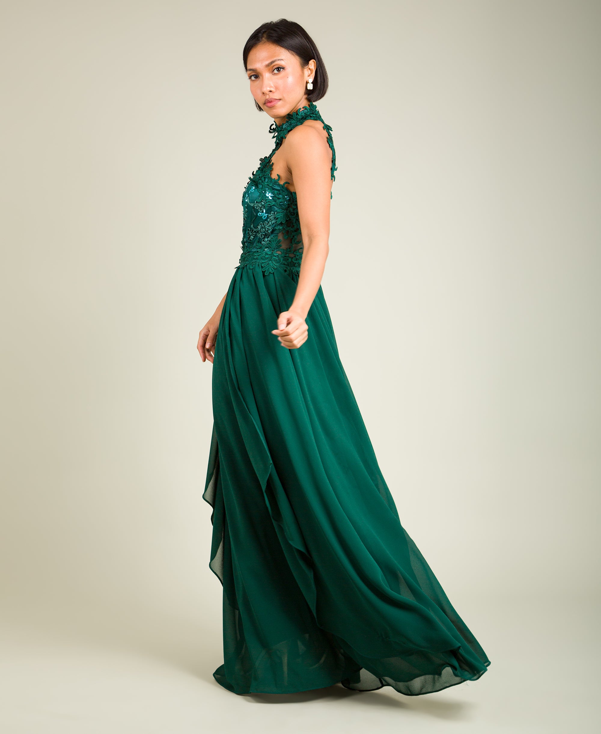 Lace Halterneck Maxi Dress Dark Green