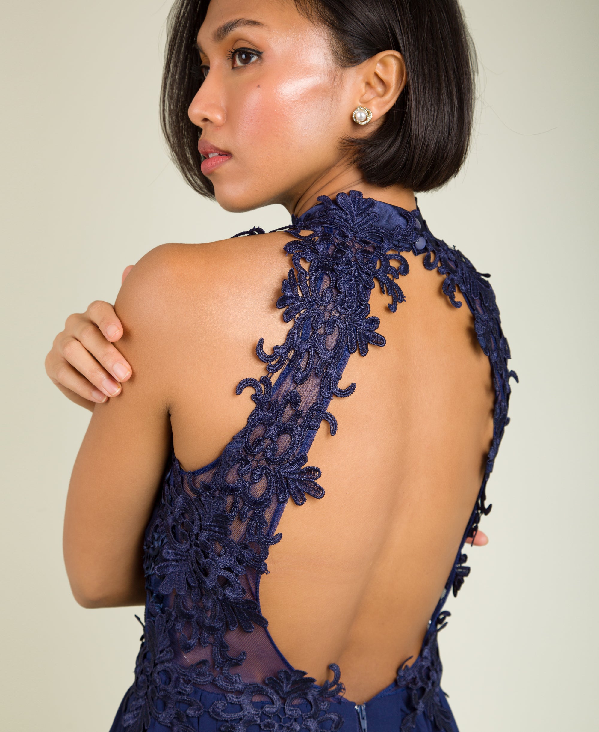 Lace Halterneck Maxi Dress Navy