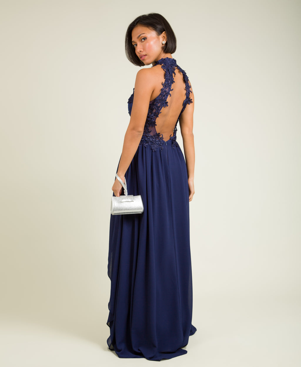 Lace Halterneck Maxi Dress Navy