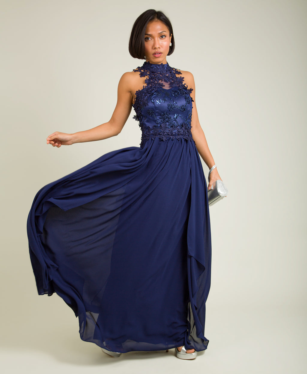 Lace Halterneck Maxi Dress Navy