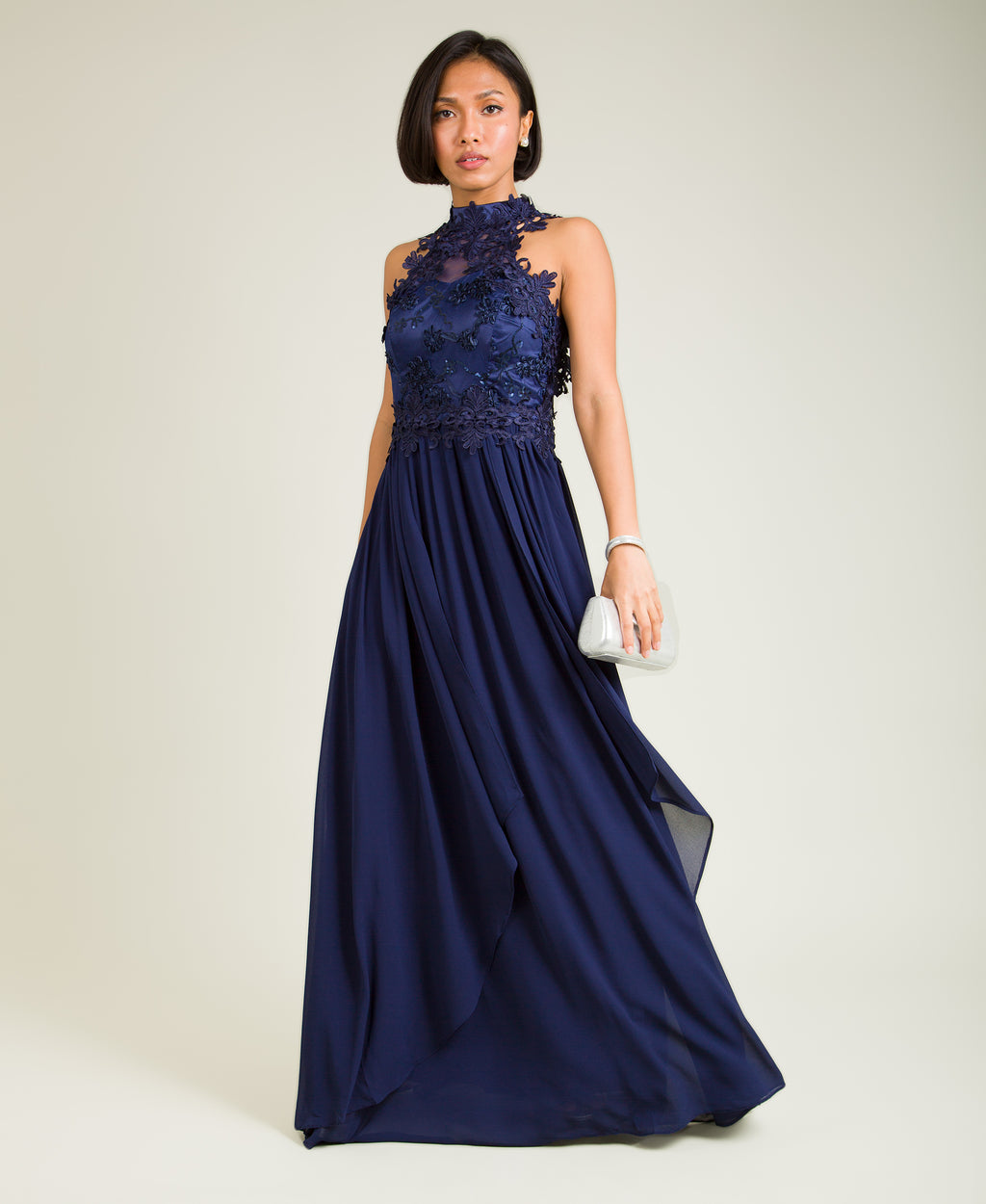 Lace Halterneck Maxi Dress Navy