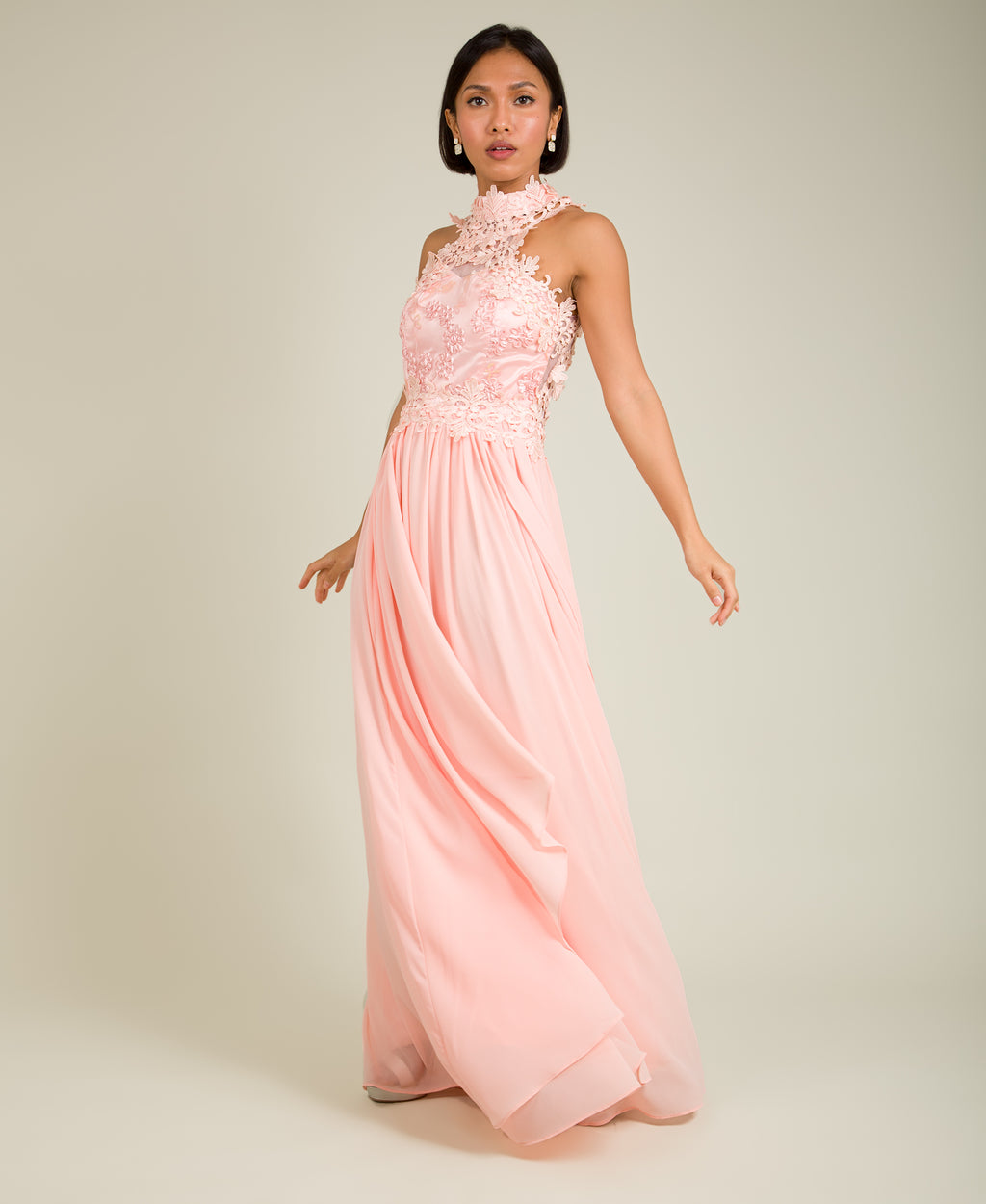 Lace Halterneck Maxi Dress Pink