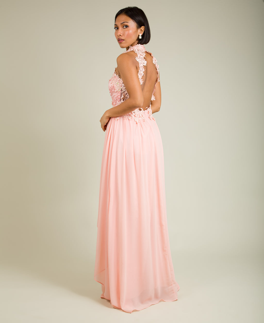 Lace Halterneck Maxi Dress Pink