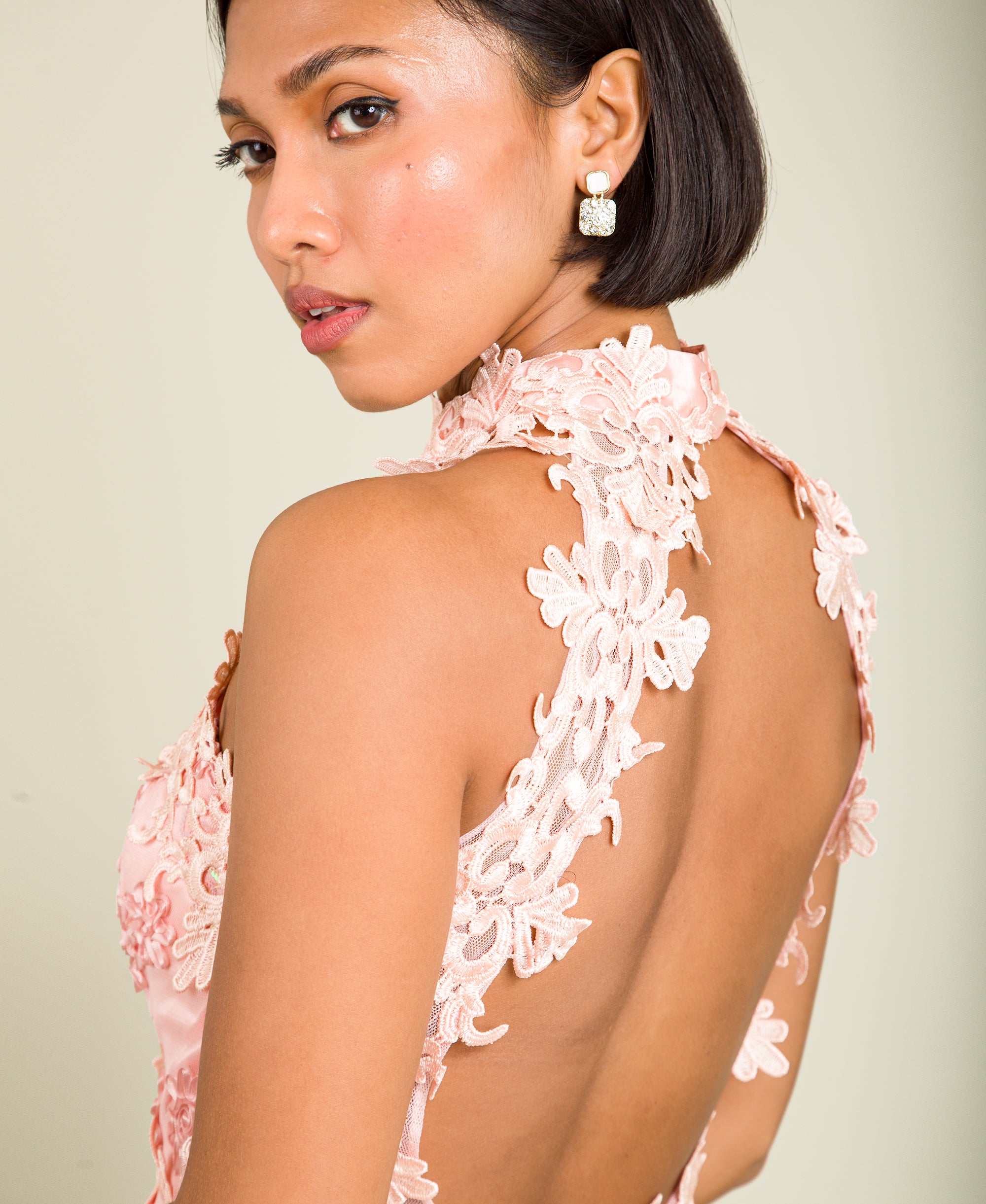 Lace Halterneck Maxi Dress Pink