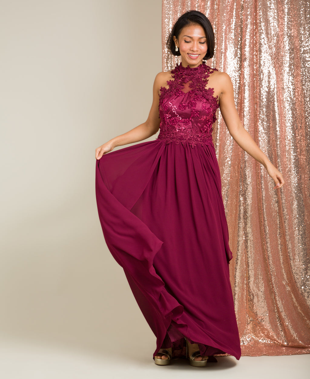 Lace Halterneck Maxi Dress Wine