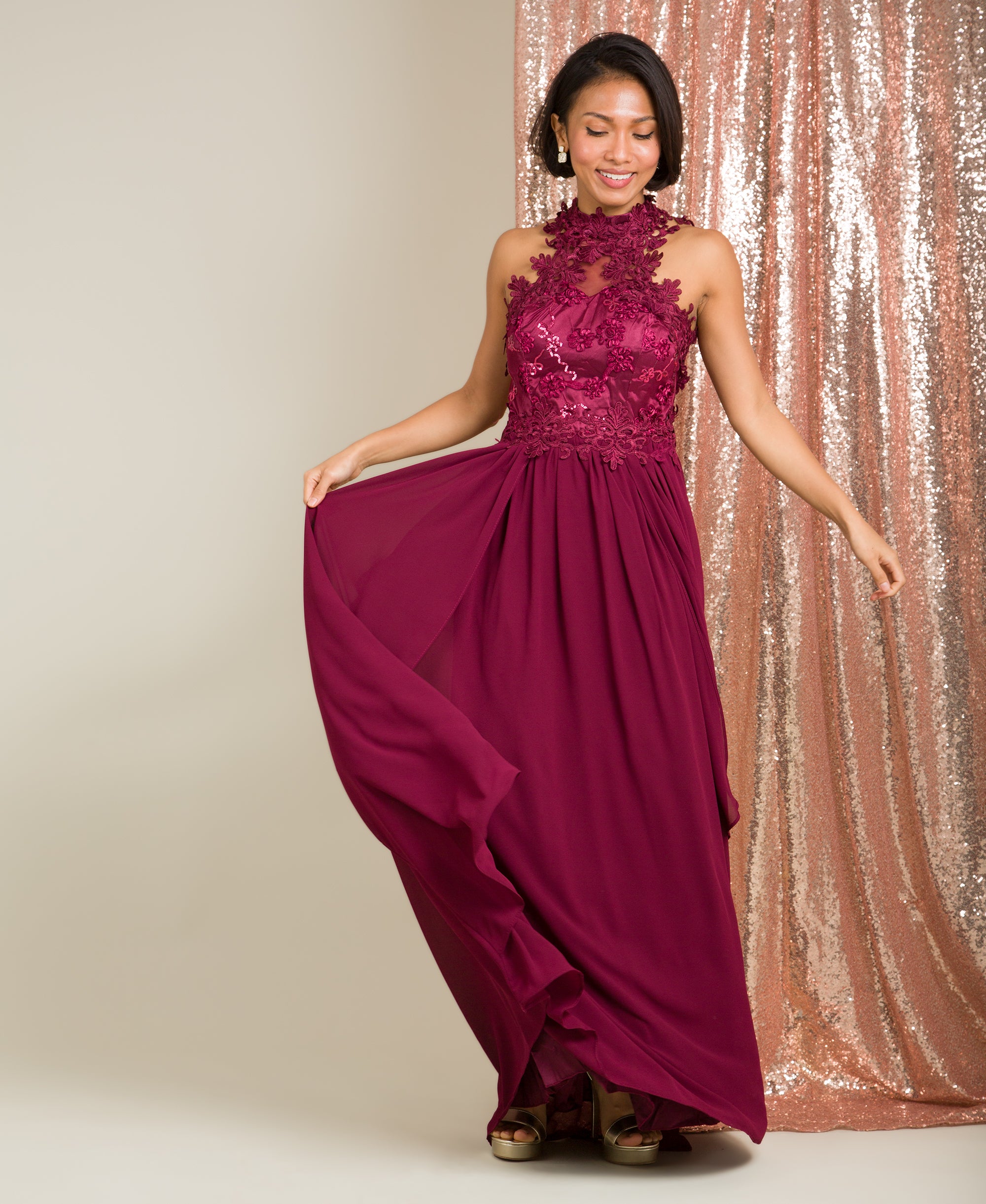 Lace Halterneck Maxi Dress Wine