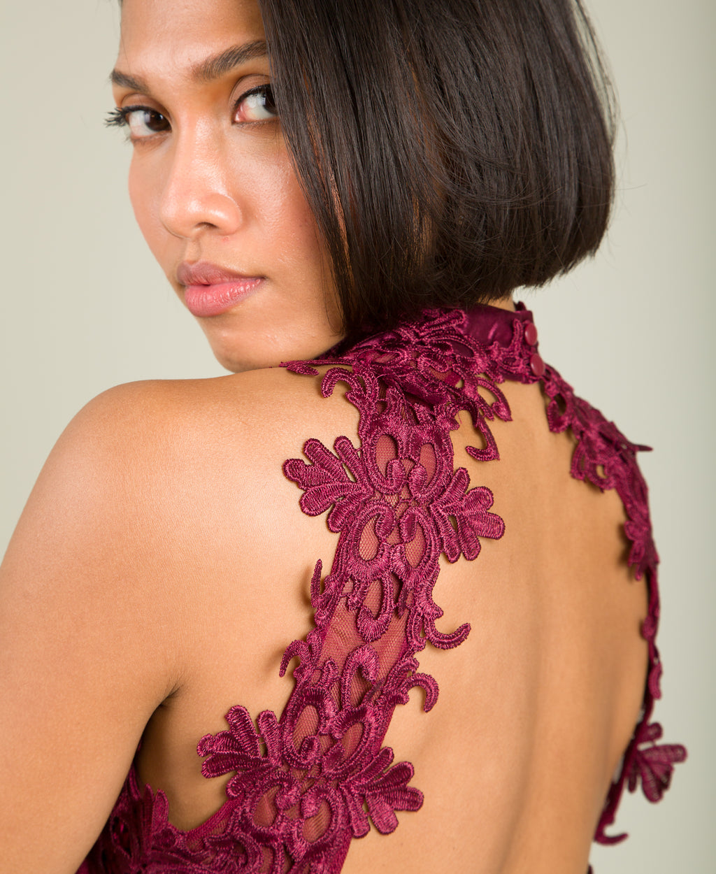 Lace Halterneck Maxi Dress Wine