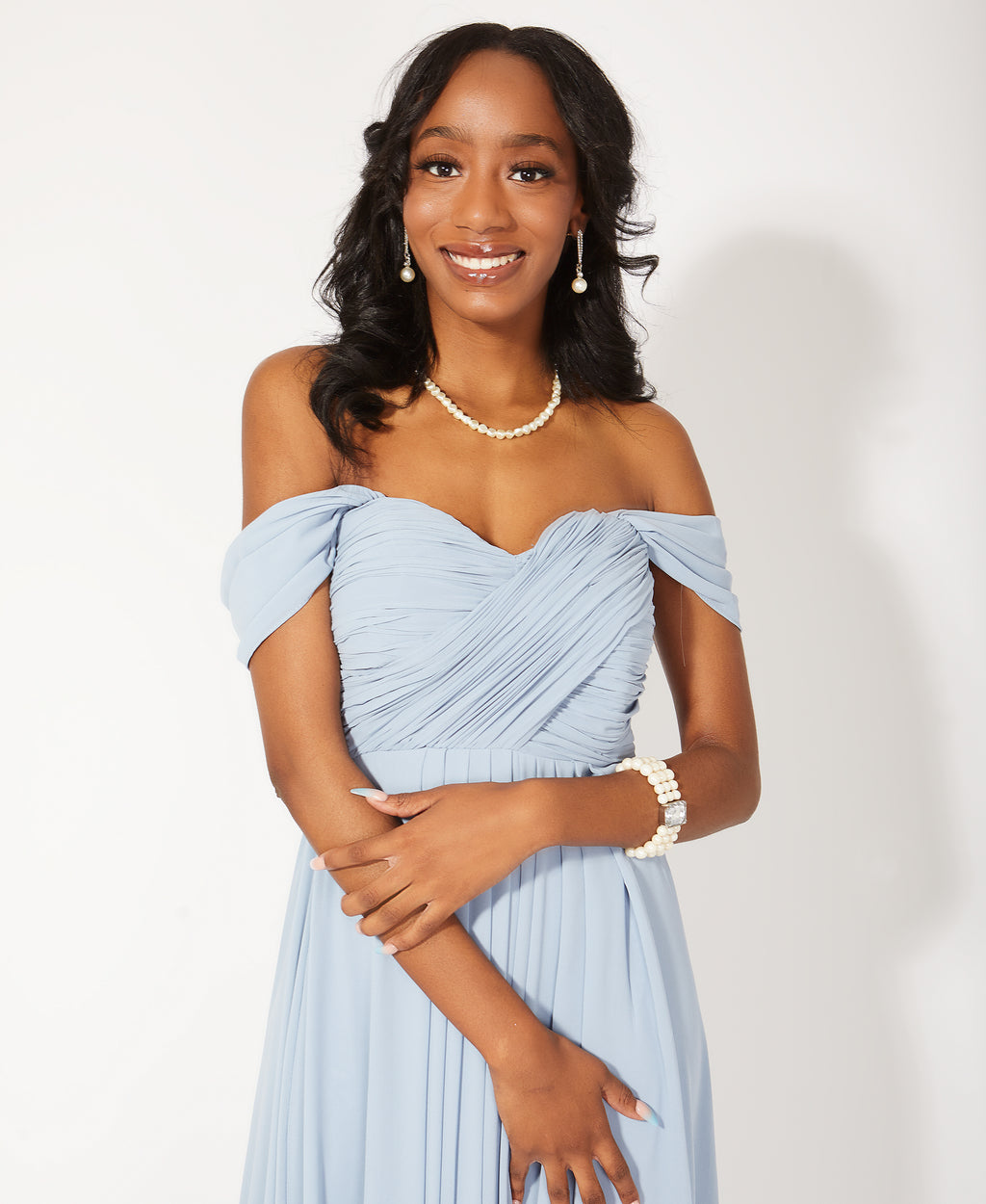 Cap Sleeve Off Shoulder Bridesmaid Dress Dusty Blue
