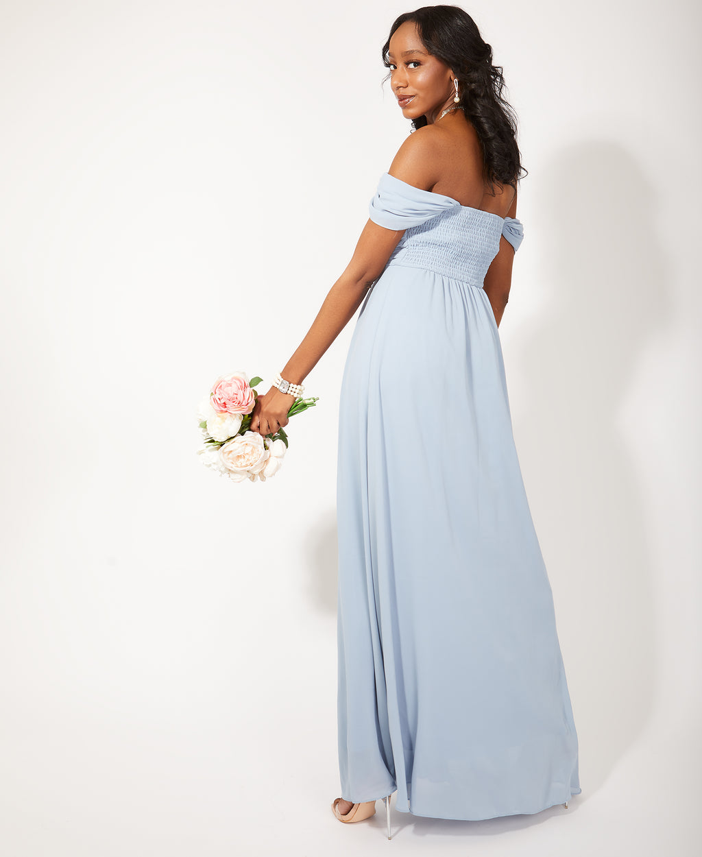 Cap Sleeve Off Shoulder Bridesmaid Dress Dusty Blue