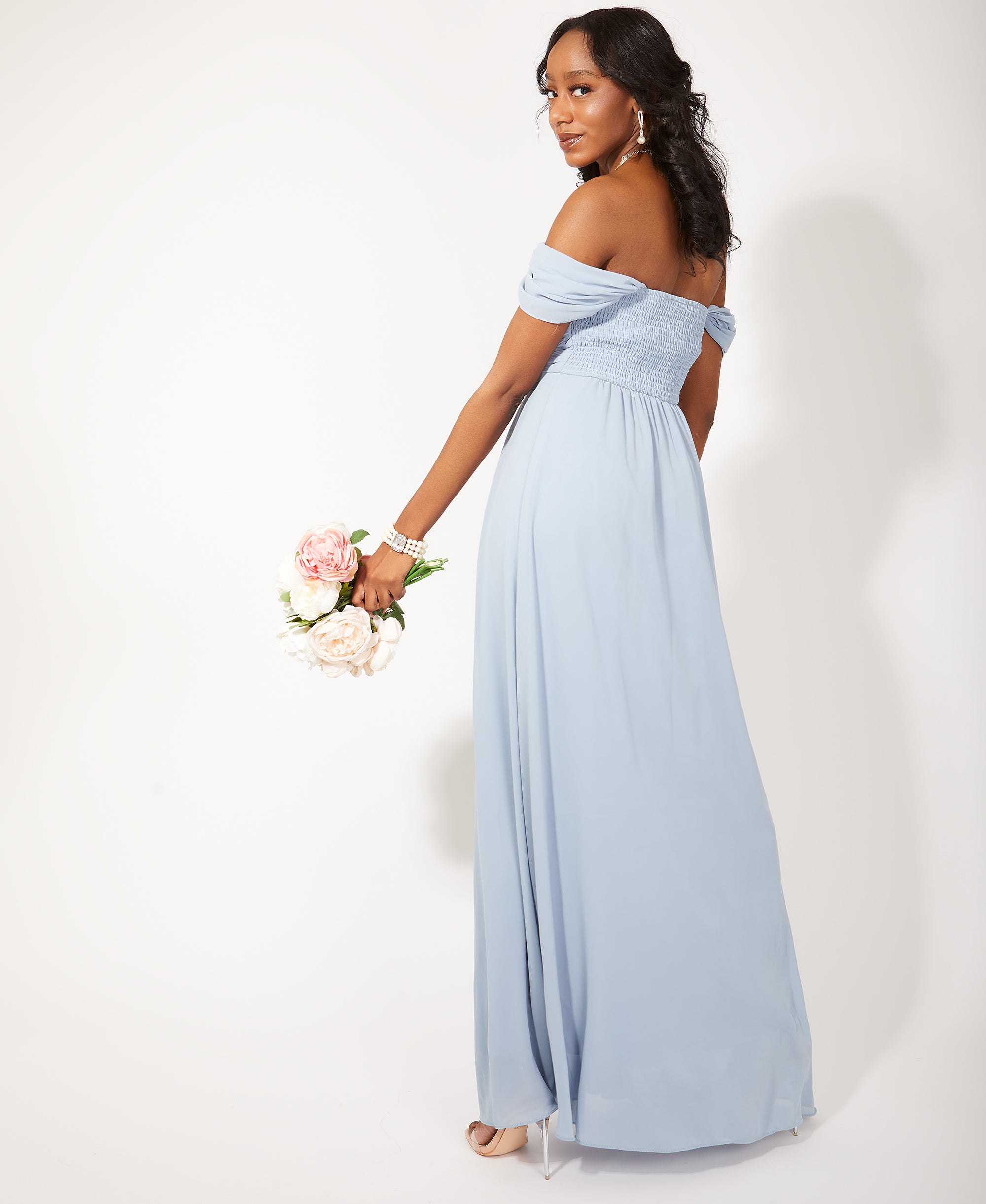 Cap Sleeve Off Shoulder Bridesmaid Dress Dusty Blue