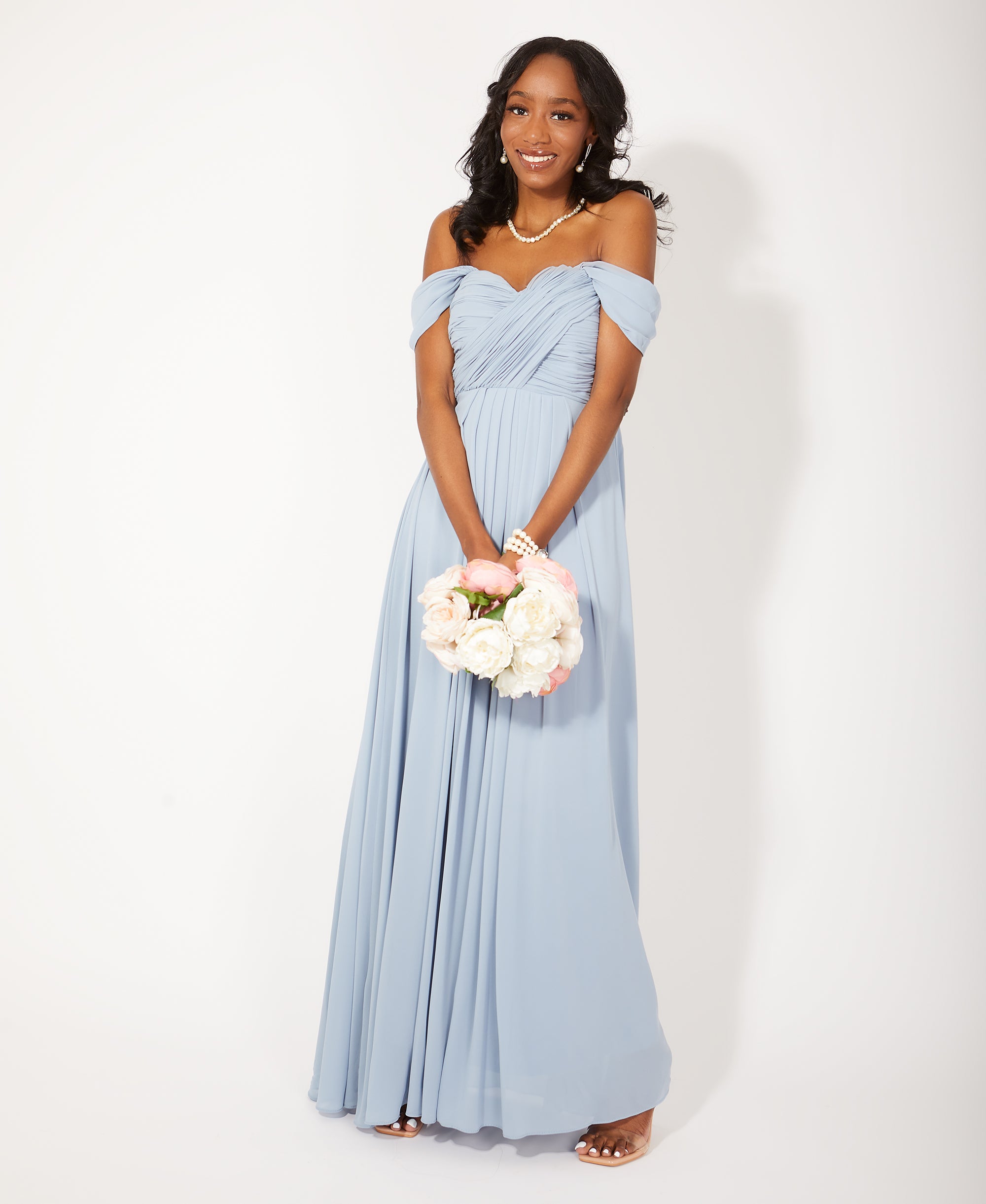 Cap Sleeve Off Shoulder Bridesmaid Dress Dusty Blue
