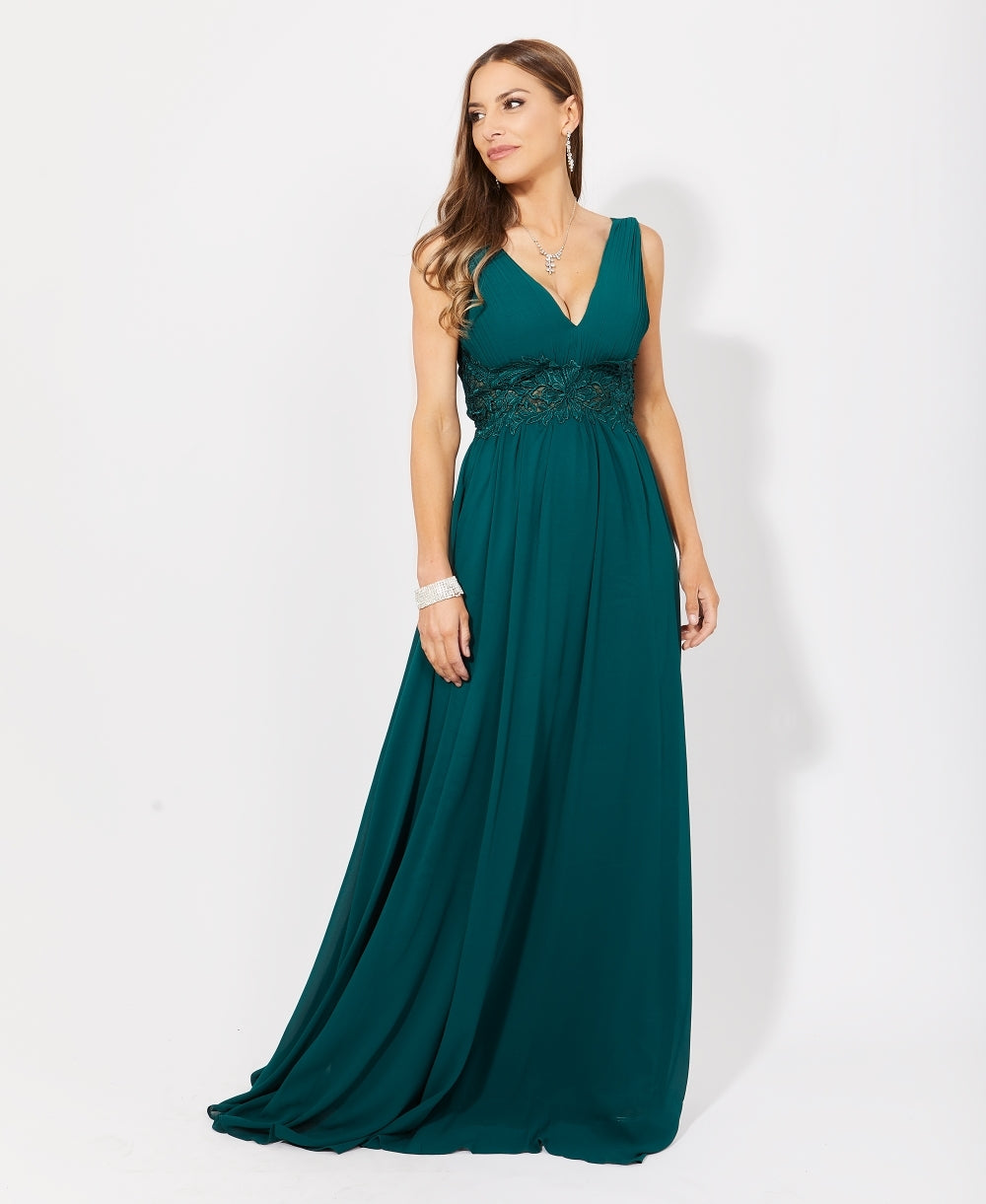 Crochet Waist V-Neck Occasion Maxi Dress Dark Green