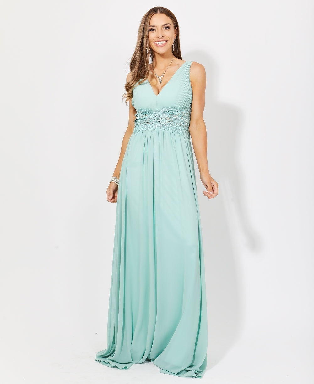 Crochet Waist V-Neck Occasion Maxi Dress Sage Green