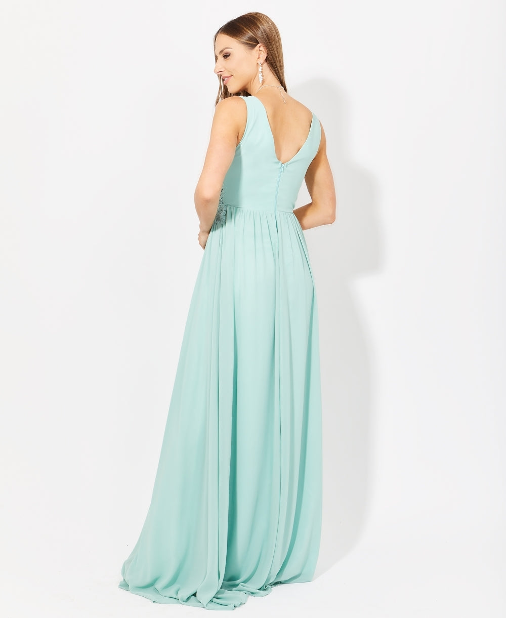 Crochet Waist V-Neck Occasion Maxi Dress Sage Green