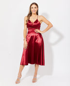 Knee Length Strappy Satin Occasion Dress Wine