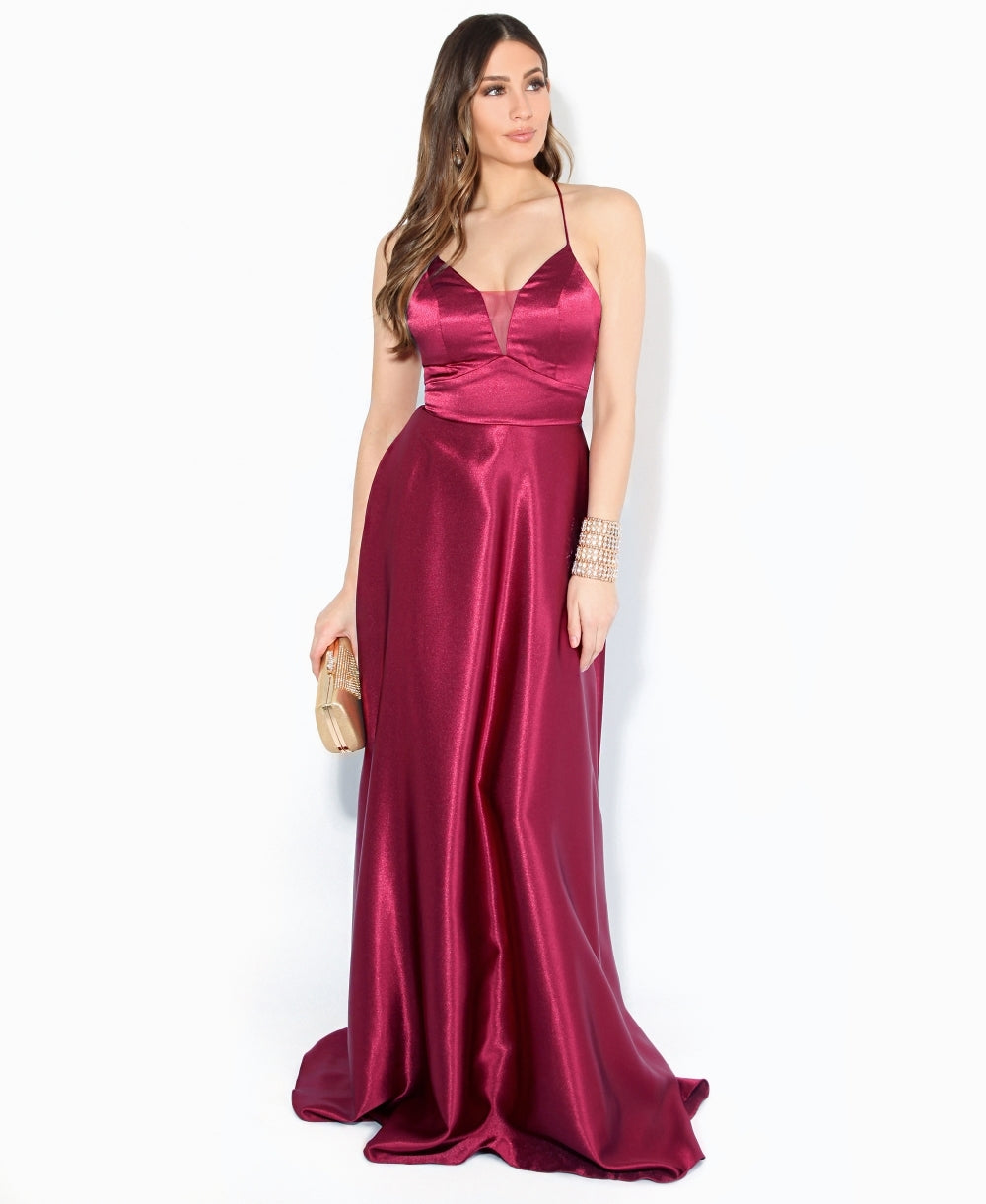 Satin Strappy Evening Maxi Dress Wine