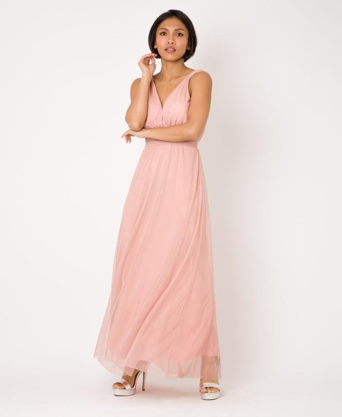 V-Neck Occasion Mesh Maxi Dress Dusty Pink