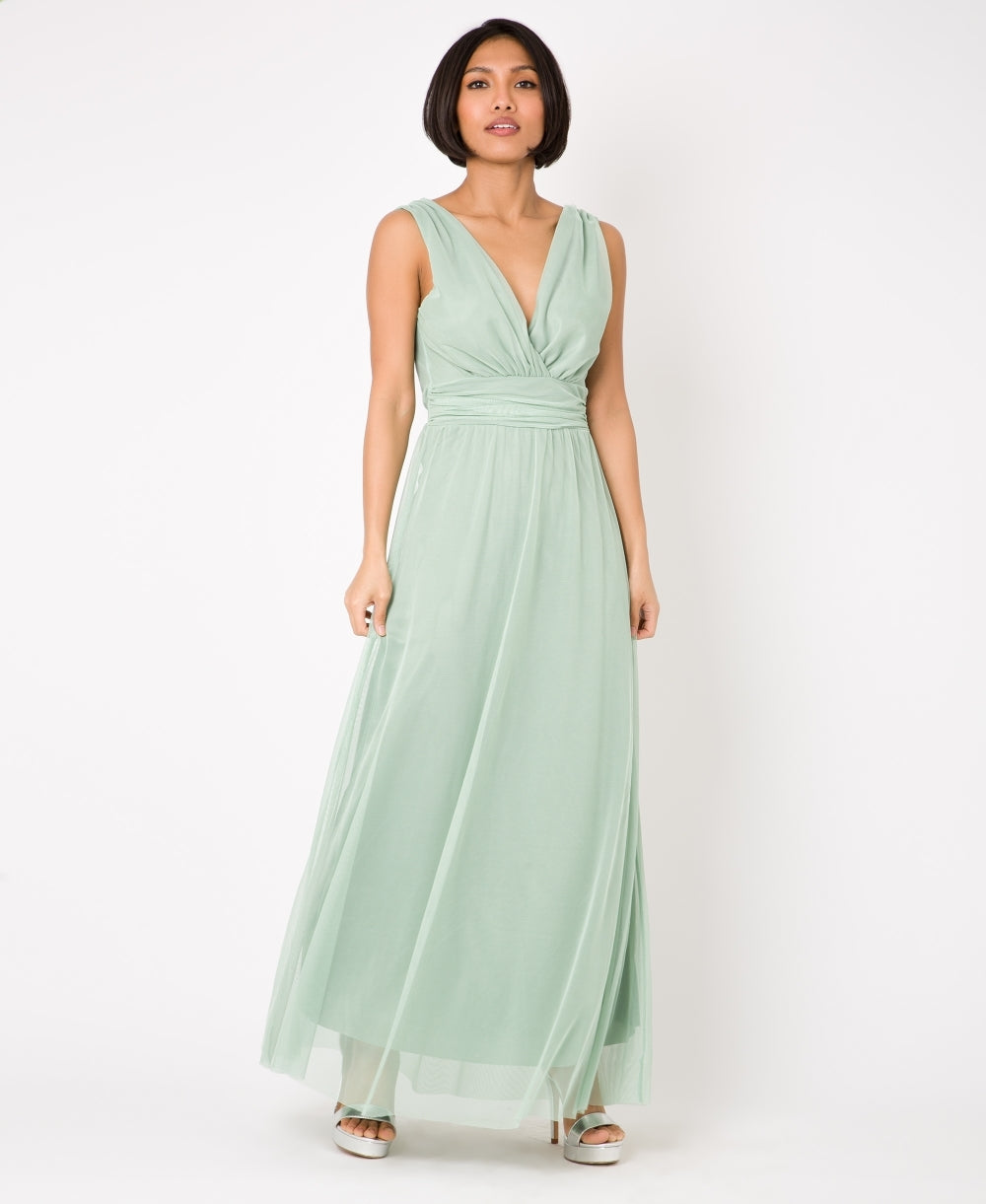 V-Neck Occasion Mesh Maxi Dress Sage Green