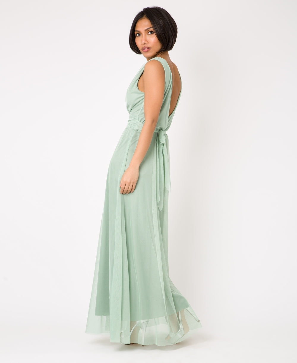 V-Neck Occasion Mesh Maxi Dress Sage Green