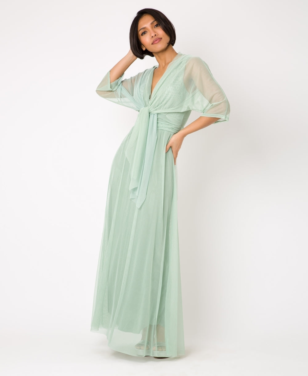 V-Neck Occasion Mesh Maxi Dress Sage Green
