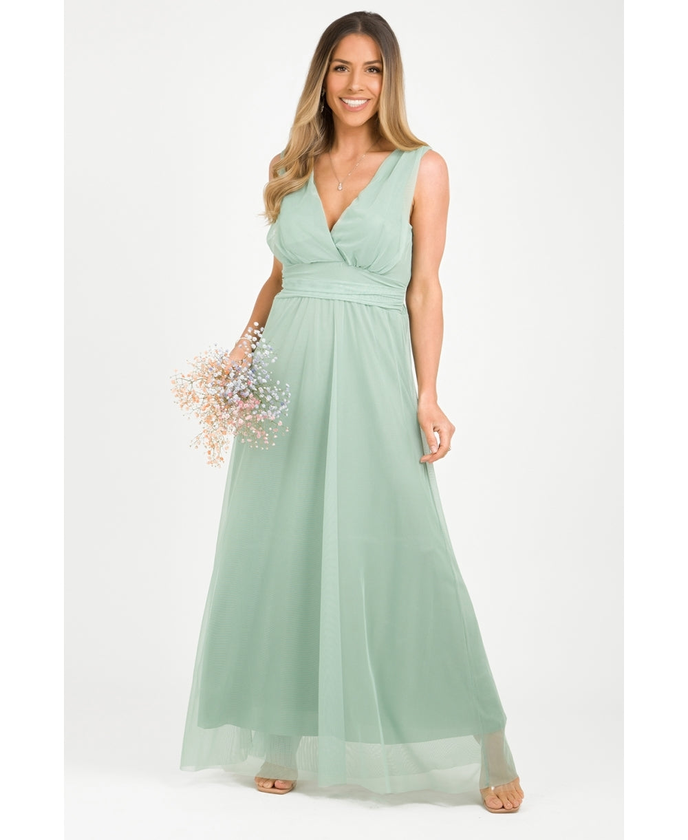 V-Neck Occasion Mesh Maxi Dress Sage Green