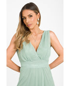 V-Neck Occasion Mesh Maxi Dress Sage Green