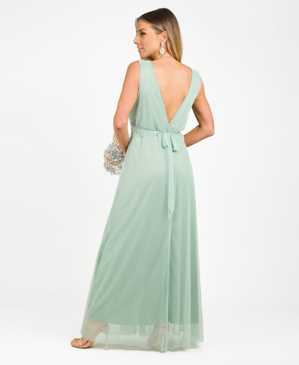 V-Neck Occasion Mesh Maxi Dress Sage Green