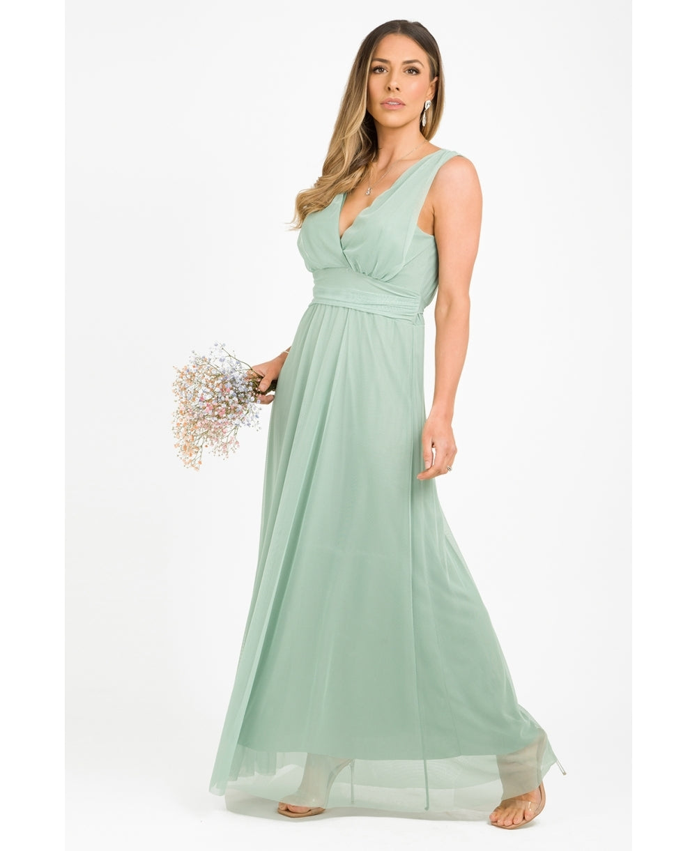 V-Neck Occasion Mesh Maxi Dress Sage Green