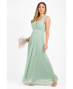 V-Neck Occasion Mesh Maxi Dress Sage Green